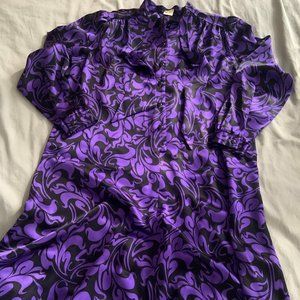 Vintage Purple and Black Satin Silk Look Funky Wavy Pattern Midi Dress with tie